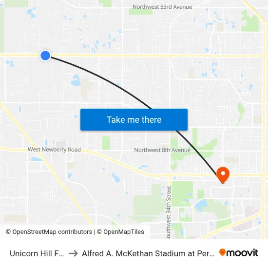 Unicorn Hill Farm to Alfred A. McKethan Stadium at Perry Field map