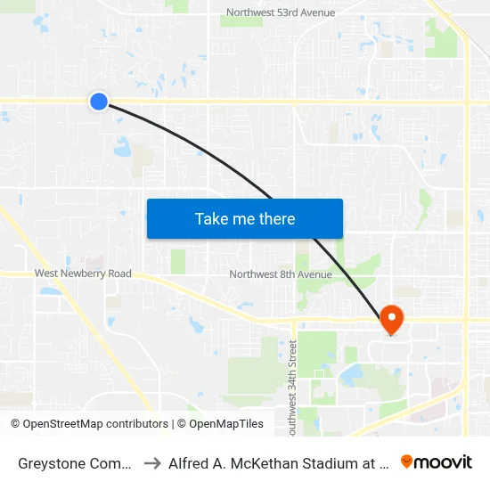Greystone Community to Alfred A. McKethan Stadium at Perry Field map