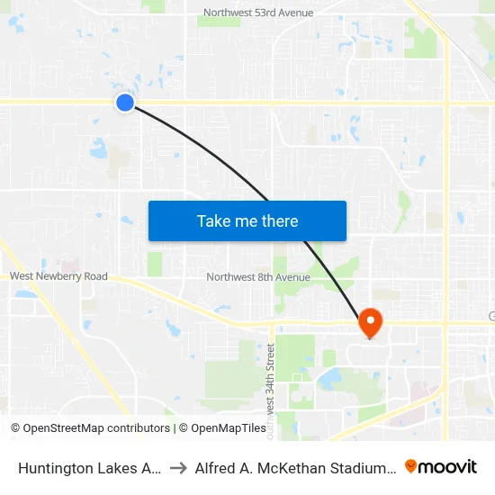 Huntington Lakes Apartments to Alfred A. McKethan Stadium at Perry Field map