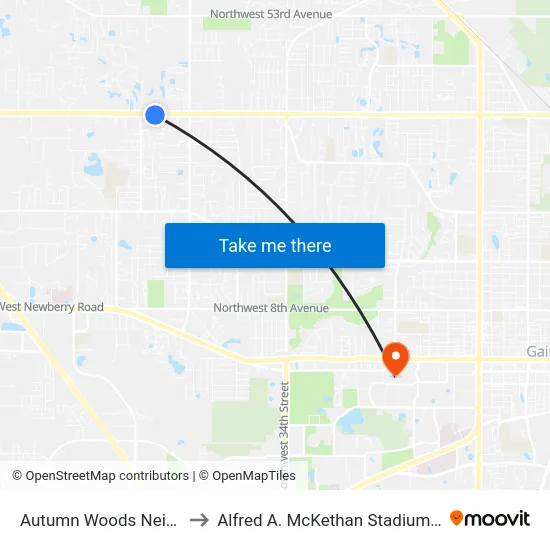 Autumn Woods Neighborhood to Alfred A. McKethan Stadium at Perry Field map