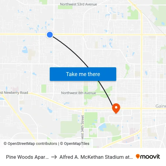 Pine Woods Apartments to Alfred A. McKethan Stadium at Perry Field map