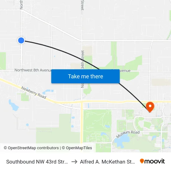 Southbound NW 43rd Street @ NW 15th Place to Alfred A. McKethan Stadium at Perry Field map