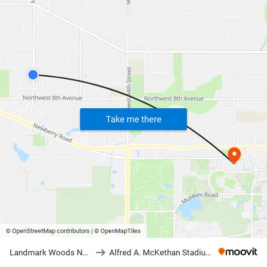 Landmark Woods Neighborhood to Alfred A. McKethan Stadium at Perry Field map