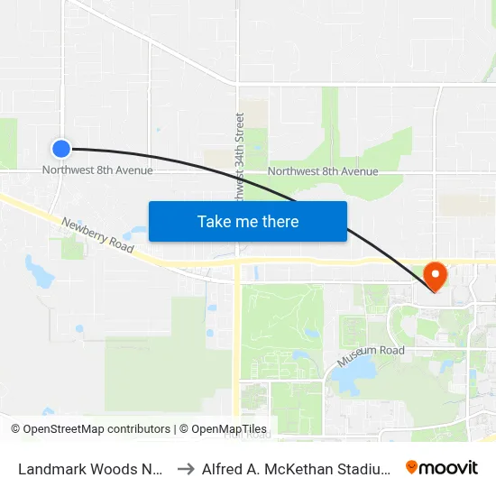 Landmark Woods Neighborhood to Alfred A. McKethan Stadium at Perry Field map