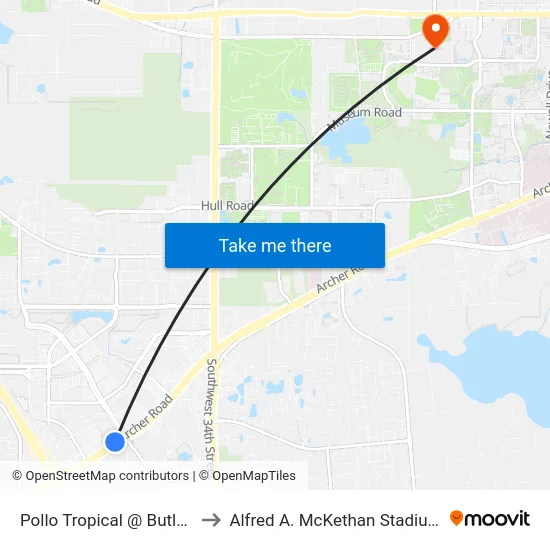 Pollo Tropical @ Butler Plaza West to Alfred A. McKethan Stadium at Perry Field map