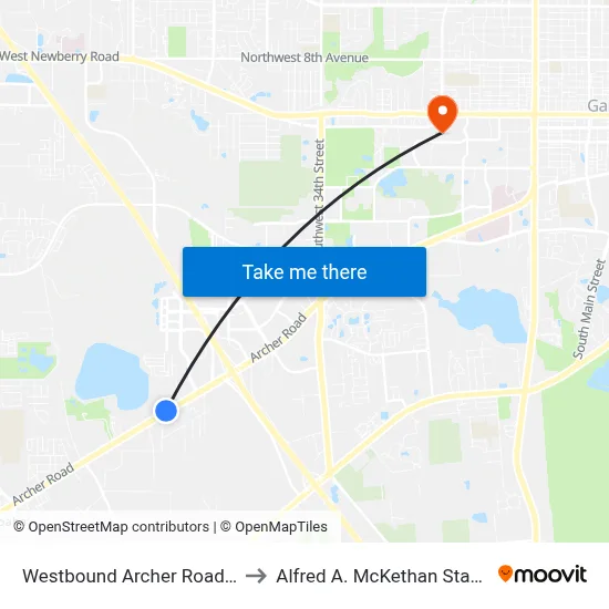 Westbound Archer Road @ SW 50th Street to Alfred A. McKethan Stadium at Perry Field map