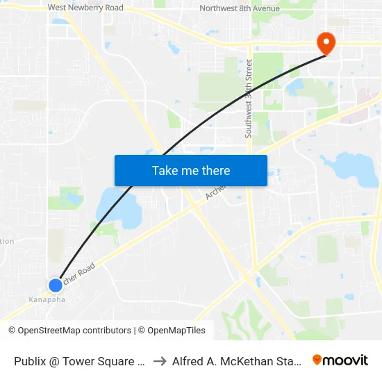 Publix @ Tower Square on SW 75th Street to Alfred A. McKethan Stadium at Perry Field map