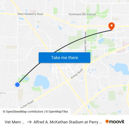 Vet Mem Pk to Alfred A. McKethan Stadium at Perry Field map