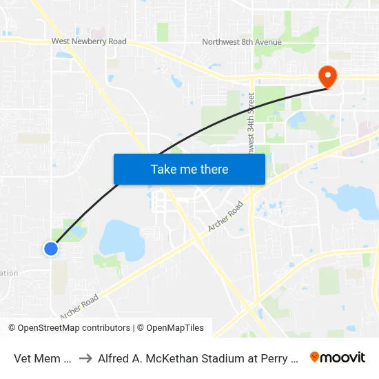 Vet Mem Pk to Alfred A. McKethan Stadium at Perry Field map