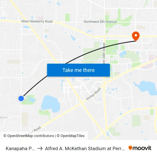 Kanapaha Park to Alfred A. McKethan Stadium at Perry Field map