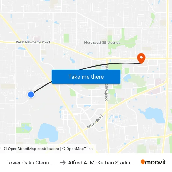 Tower Oaks Glenn Apartments to Alfred A. McKethan Stadium at Perry Field map