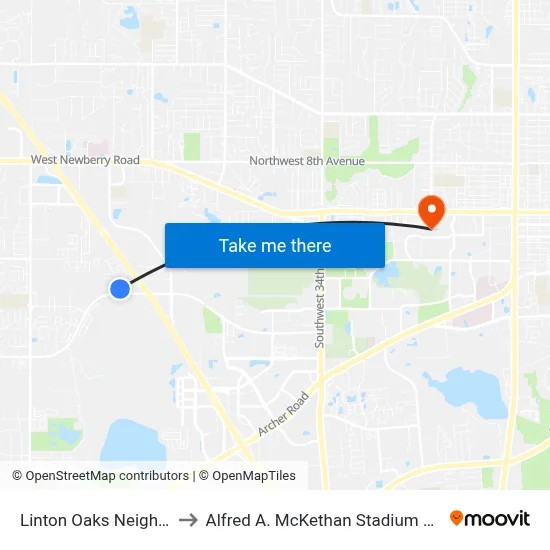 Linton Oaks Neighborhood to Alfred A. McKethan Stadium at Perry Field map