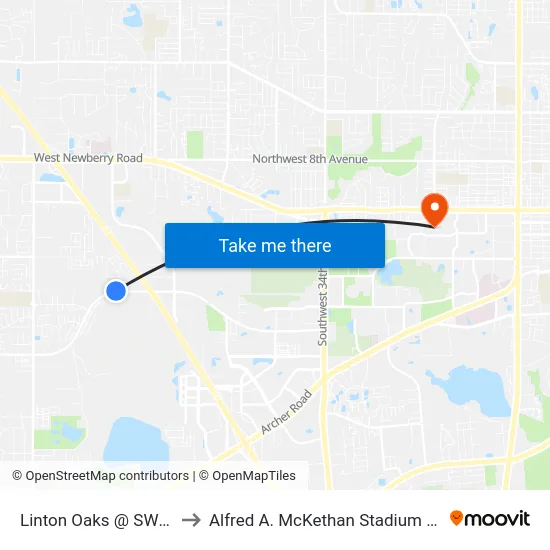 Linton Oaks @ SW 24th Ave to Alfred A. McKethan Stadium at Perry Field map