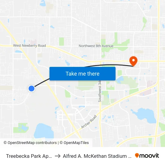 Treebecka Park Apartments to Alfred A. McKethan Stadium at Perry Field map