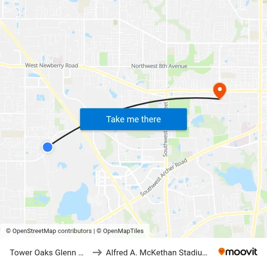 Tower Oaks Glenn Apartments to Alfred A. McKethan Stadium at Perry Field map