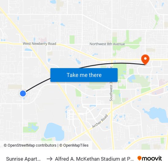 Sunrise Apartments to Alfred A. McKethan Stadium at Perry Field map