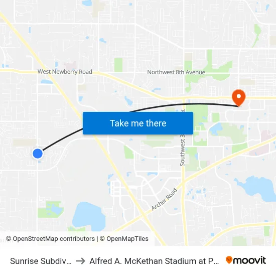 Sunrise Subdivision to Alfred A. McKethan Stadium at Perry Field map