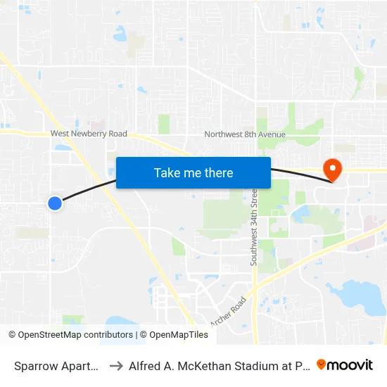 Sparrow Apartments to Alfred A. McKethan Stadium at Perry Field map