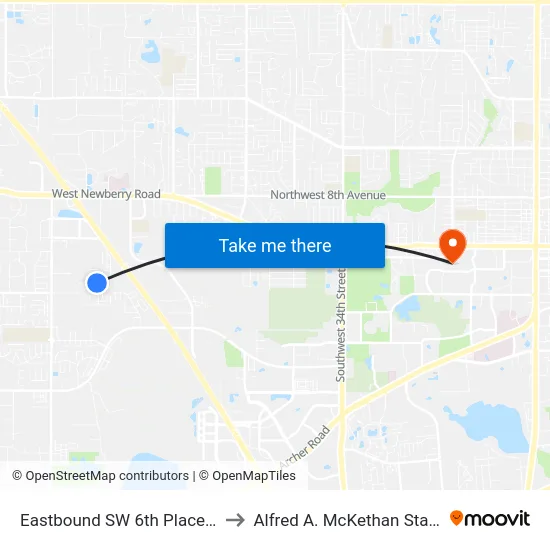 Eastbound SW 6th Place @ SW 67th Terrace to Alfred A. McKethan Stadium at Perry Field map