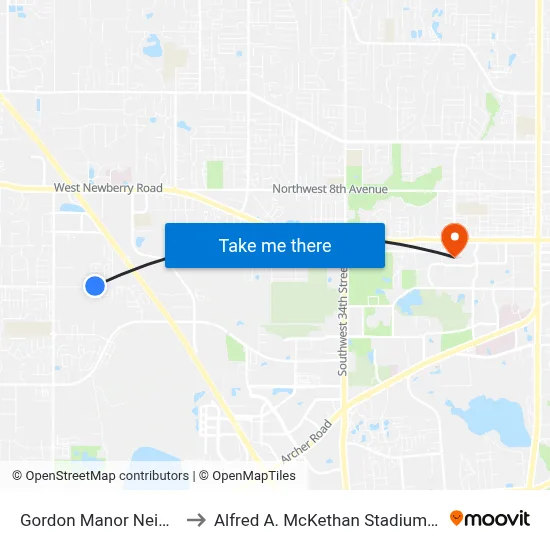 Gordon Manor Neighborhood to Alfred A. McKethan Stadium at Perry Field map