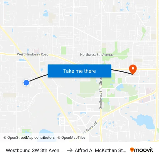 Westbound SW 8th Avenue @ SW 70th Terrace to Alfred A. McKethan Stadium at Perry Field map
