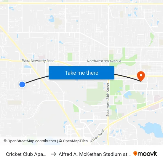 Cricket Club Apartments to Alfred A. McKethan Stadium at Perry Field map