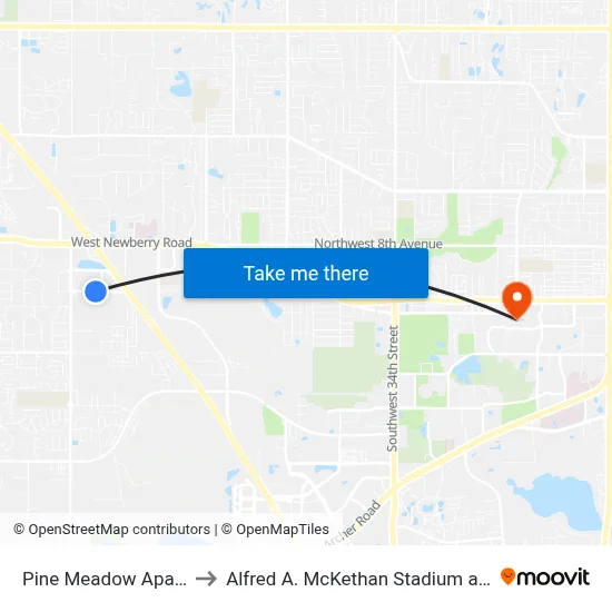 Pine Meadow Apartments to Alfred A. McKethan Stadium at Perry Field map