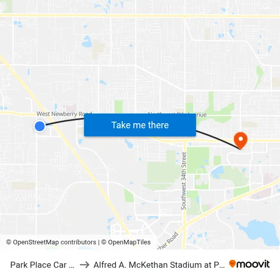 Park Place Car Wash to Alfred A. McKethan Stadium at Perry Field map