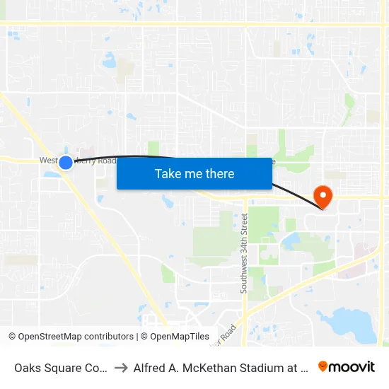 Oaks Square Complex to Alfred A. McKethan Stadium at Perry Field map
