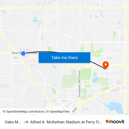 Oaks Mall to Alfred A. McKethan Stadium at Perry Field map