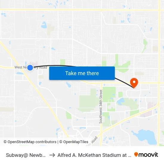 Subway@ Newberry Rd to Alfred A. McKethan Stadium at Perry Field map