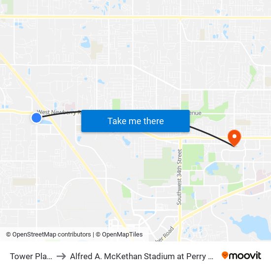 Tower Plaza to Alfred A. McKethan Stadium at Perry Field map