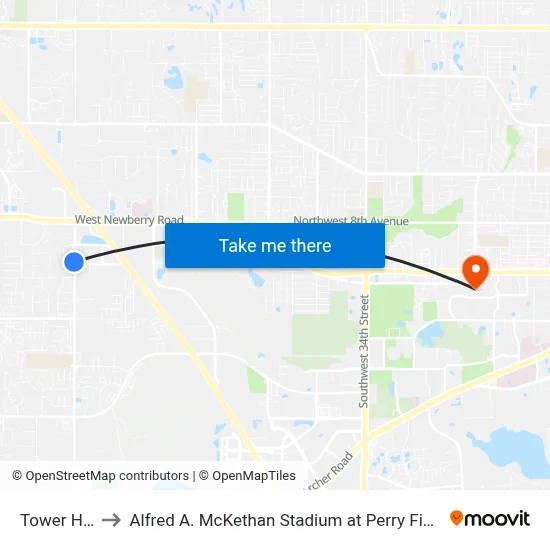 Tower Hill to Alfred A. McKethan Stadium at Perry Field map