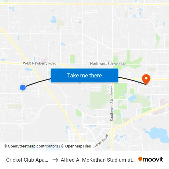 Cricket Club Apartments to Alfred A. McKethan Stadium at Perry Field map