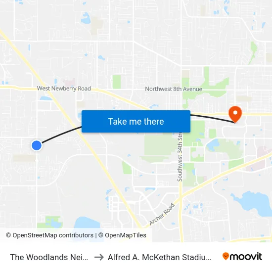The Woodlands Neighborhood to Alfred A. McKethan Stadium at Perry Field map