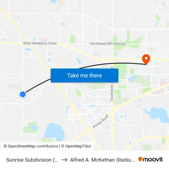 Sunrise Subdivision (Southbound) to Alfred A. McKethan Stadium at Perry Field map