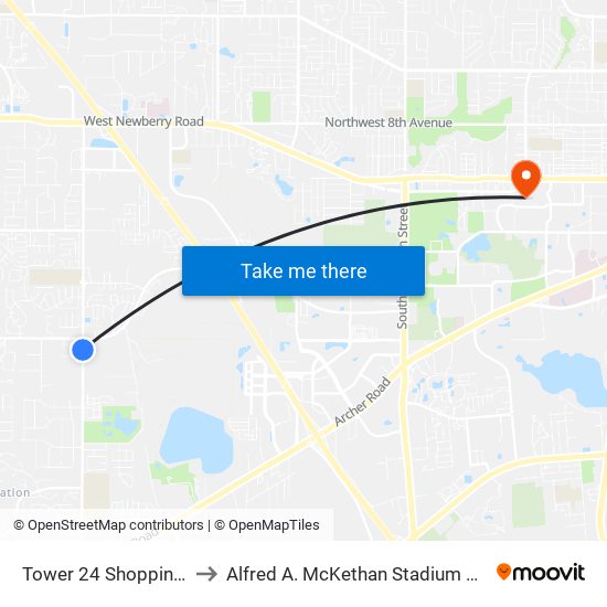 Tower 24 Shopping Center to Alfred A. McKethan Stadium at Perry Field map