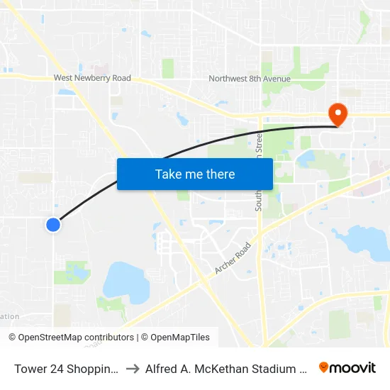 Tower 24 Shopping Center to Alfred A. McKethan Stadium at Perry Field map