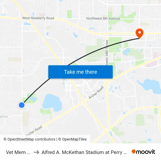 Vet Mem Pk to Alfred A. McKethan Stadium at Perry Field map