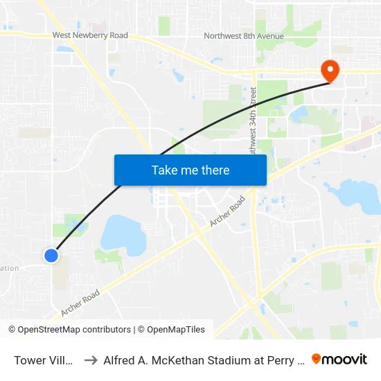 Tower Village to Alfred A. McKethan Stadium at Perry Field map