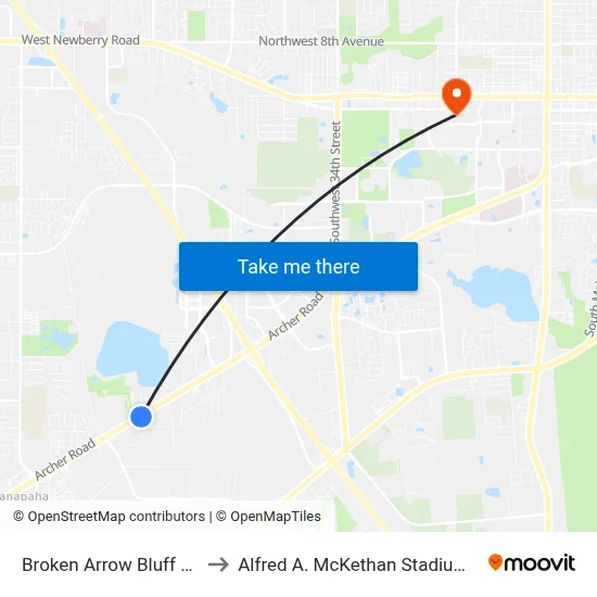 Broken Arrow Bluff Community to Alfred A. McKethan Stadium at Perry Field map