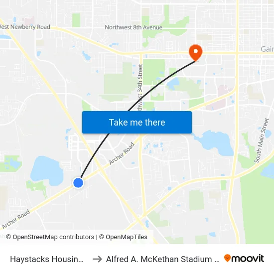 Haystacks Housing Complex to Alfred A. McKethan Stadium at Perry Field map
