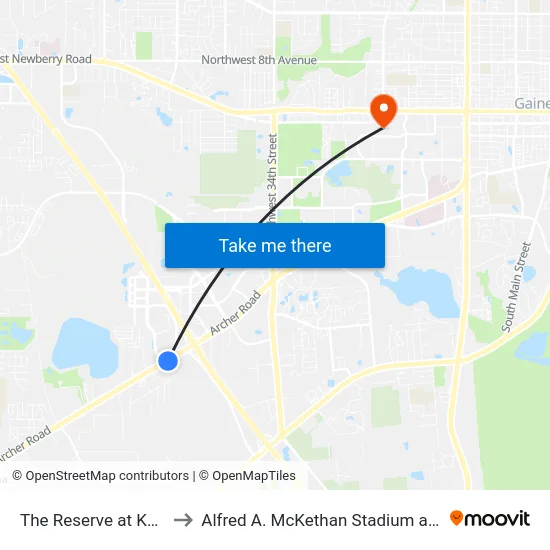 The Reserve at Kanapaha to Alfred A. McKethan Stadium at Perry Field map