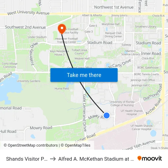 Shands Visitor Parking to Alfred A. McKethan Stadium at Perry Field map