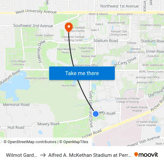Wilmot Gardens to Alfred A. McKethan Stadium at Perry Field map