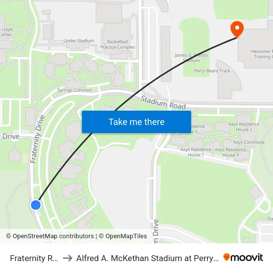 Fraternity Row to Alfred A. McKethan Stadium at Perry Field map