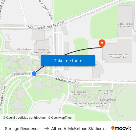 Springs Residence Building to Alfred A. McKethan Stadium at Perry Field map