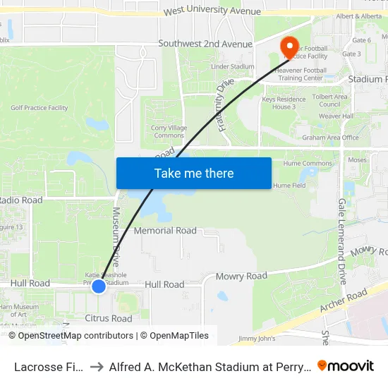 Lacrosse Field to Alfred A. McKethan Stadium at Perry Field map