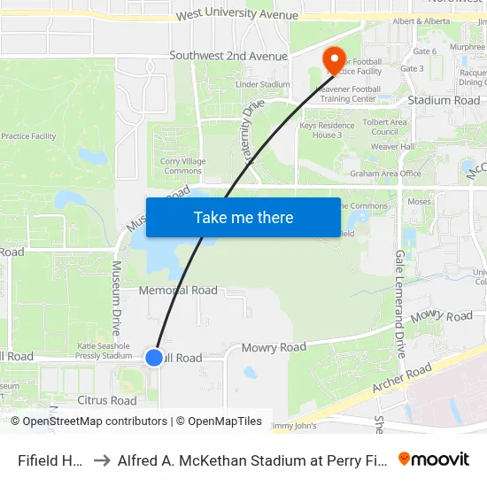 Fifield Hall to Alfred A. McKethan Stadium at Perry Field map