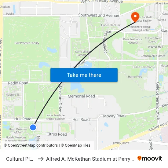 Cultural Plaza to Alfred A. McKethan Stadium at Perry Field map
